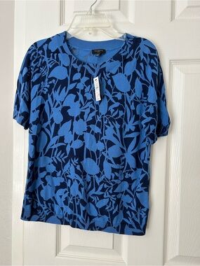 Talbots Navy and Bright Blue Floral Crewneck Cotton Sweater